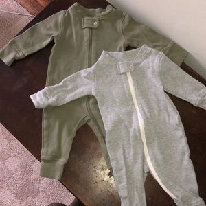 Olive green and gray zip up onesies